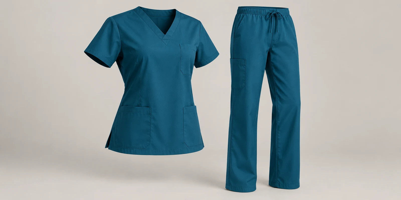 Illustrative petrol blue medical scrub set showing shoulder shape and trouser proportions on warm-grey background
