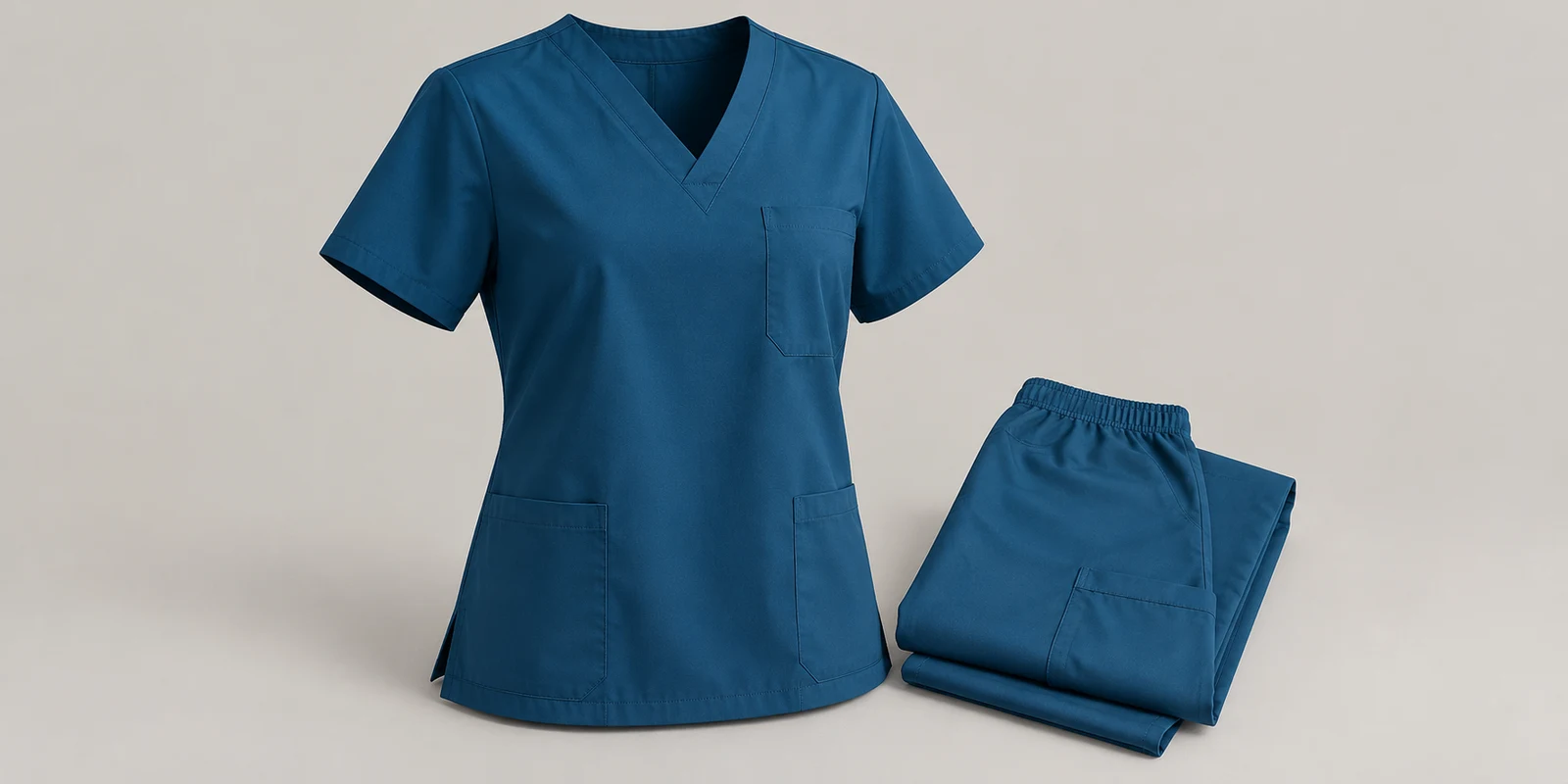Illustrative petrol blue scrub top neckline and chest pocket with folded matching trousers on warm-grey background