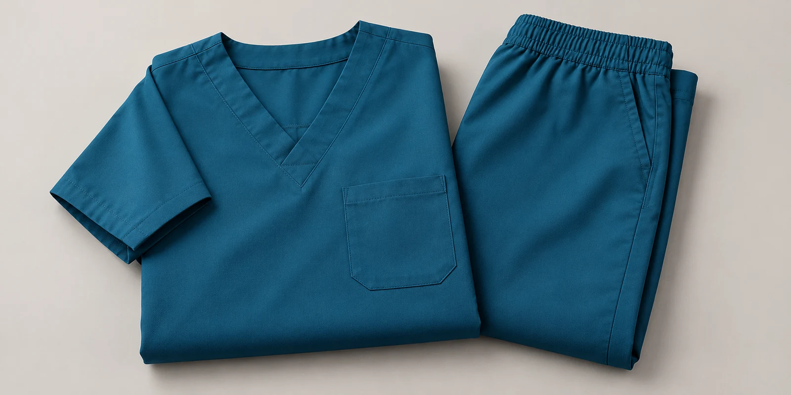Illustrative petrol blue folded medical scrub set showing fabric and waistband details on warm-grey background