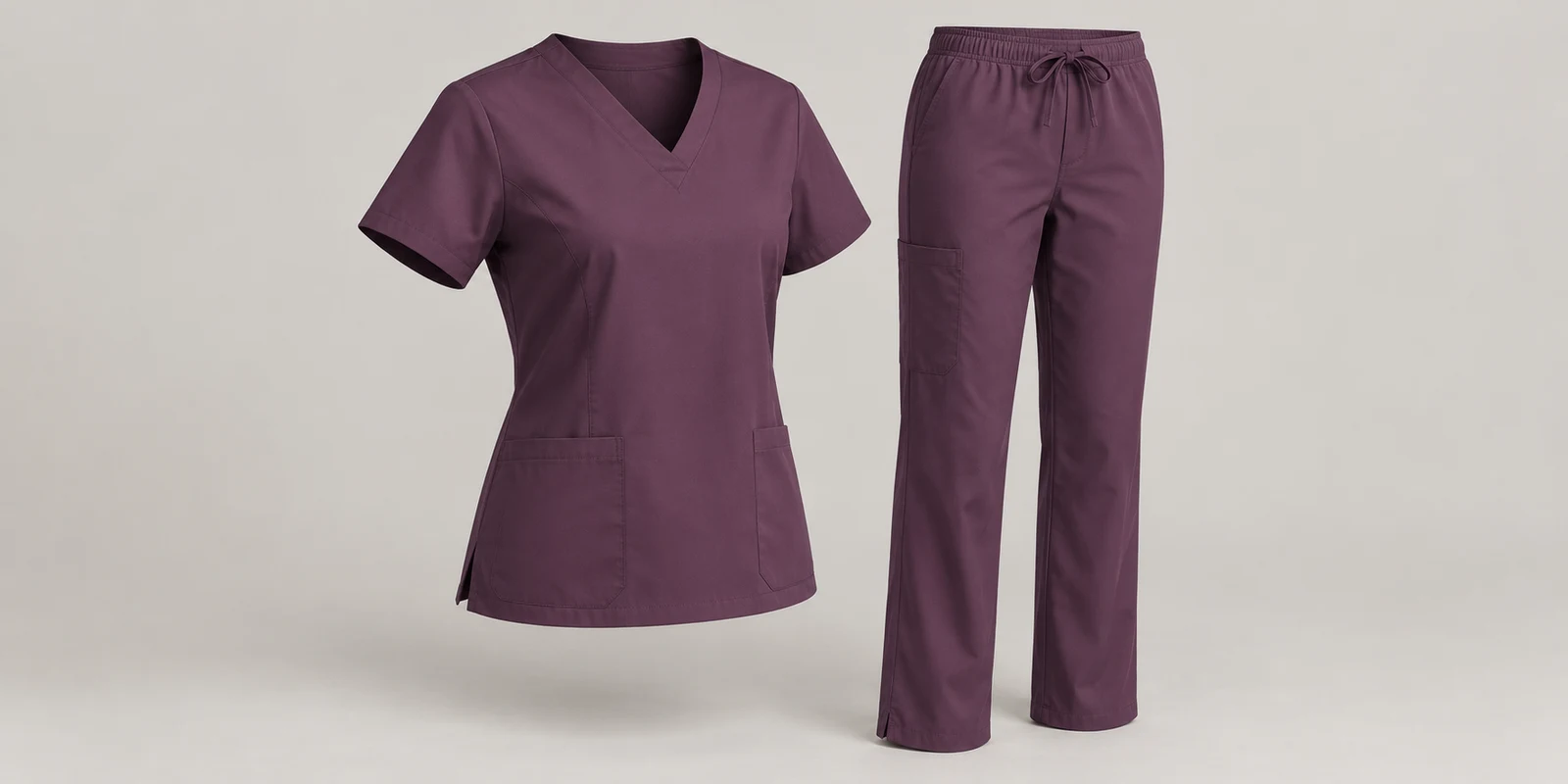 Illustrative muted aubergine medical scrub set showing shoulder shape and trouser proportions on warm-grey background