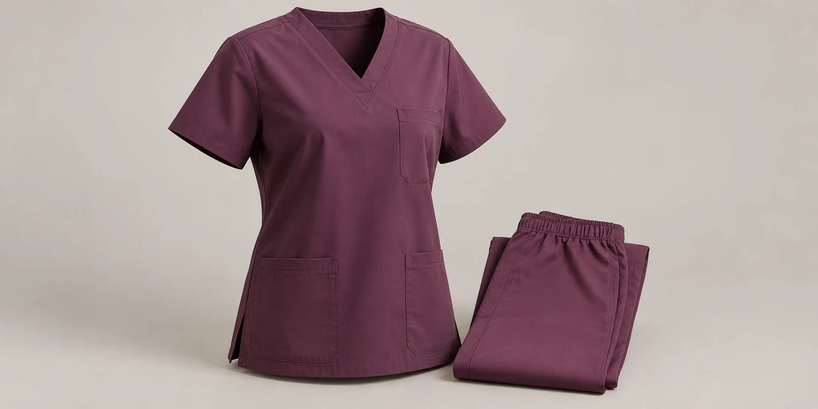 Illustrative muted aubergine scrub top neckline and chest pocket with folded matching trousers on warm-grey background