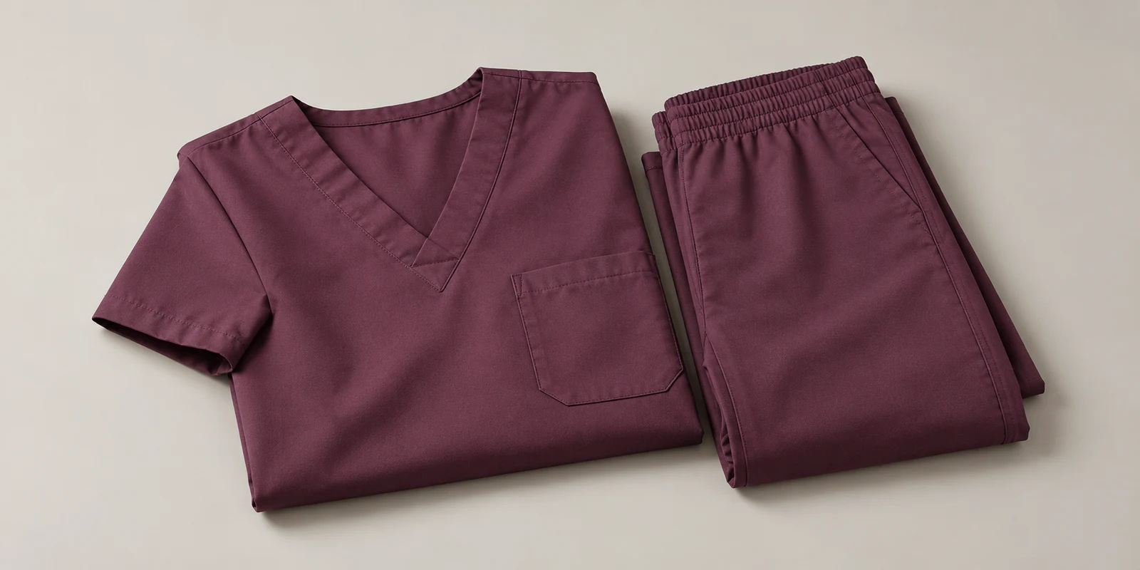 Illustrative muted aubergine folded medical scrub set showing fabric and waistband details on warm-grey background