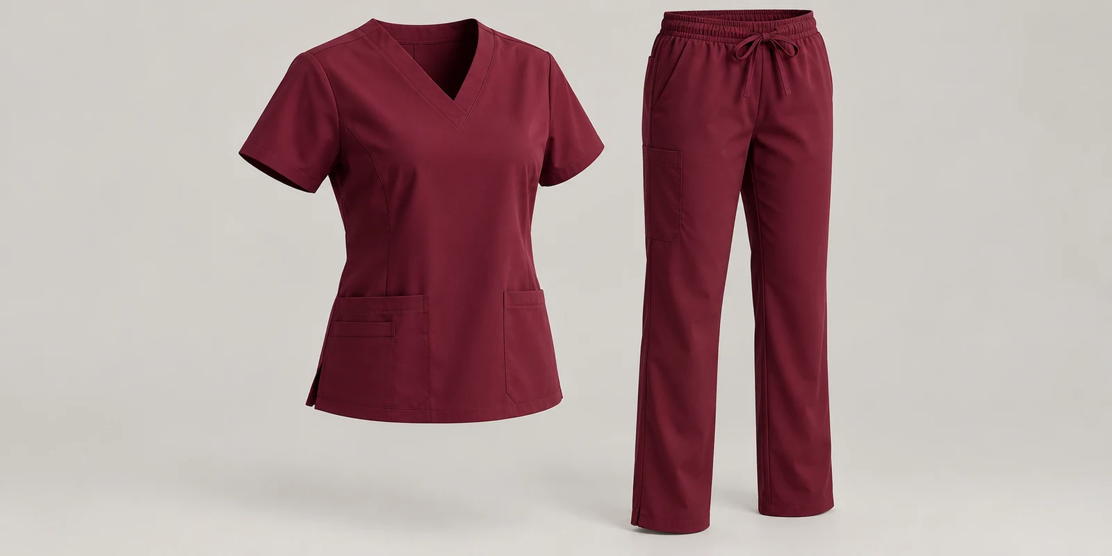 Illustrative burgundy medical scrub set showing shoulder shape and trouser proportions on warm-grey background