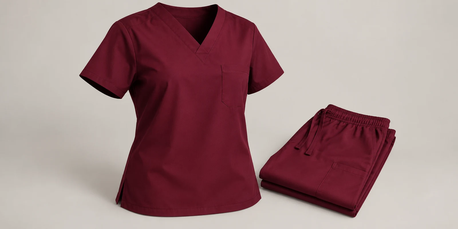 Illustrative burgundy scrub top neckline and chest pocket with folded matching trousers on warm-grey background