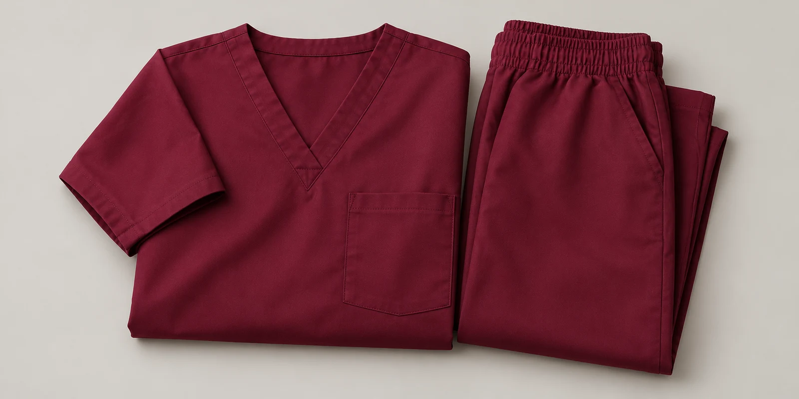Illustrative burgundy folded medical scrub set showing fabric and waistband details on warm-grey background