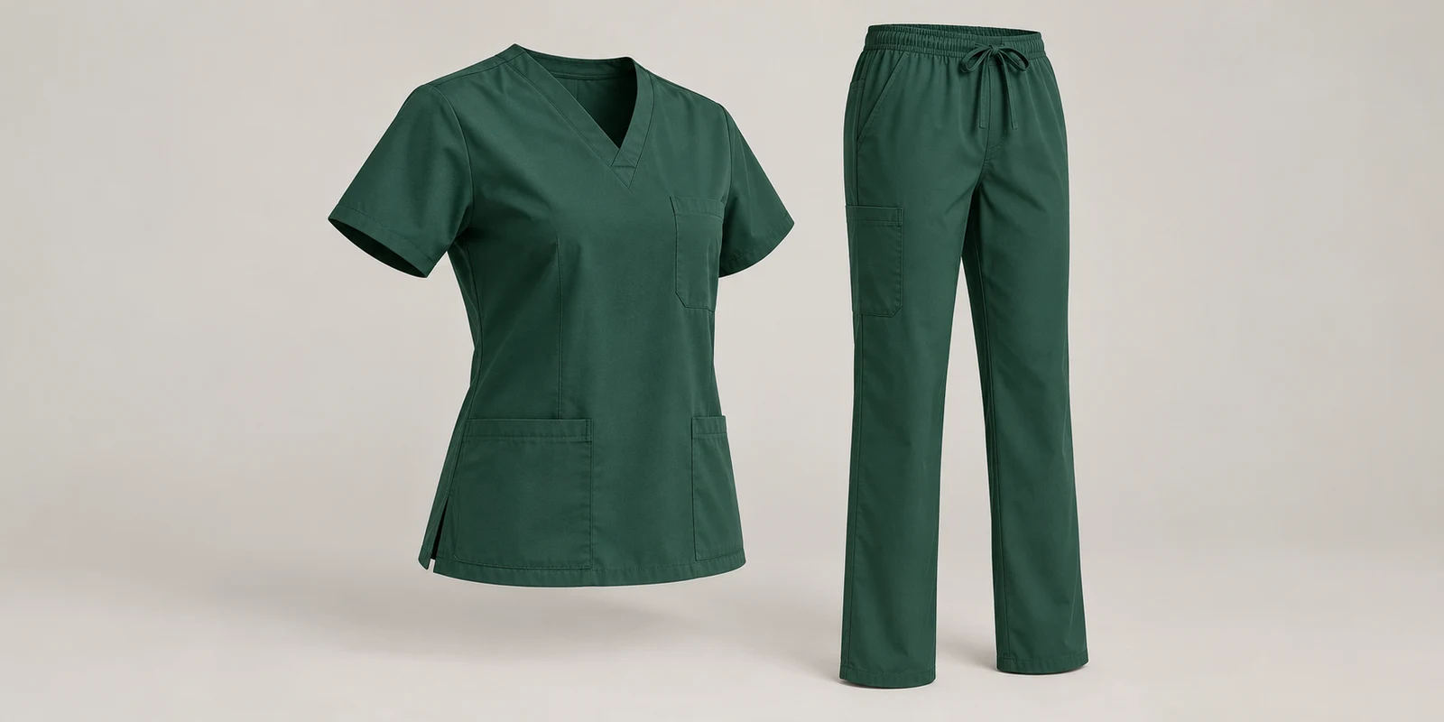 Illustrative dark spruce green medical scrub set showing shoulder shape and trouser proportions on warm-grey background