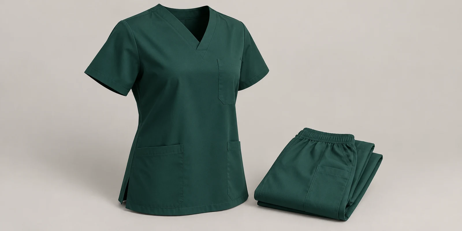Illustrative dark spruce green scrub top neckline and chest pocket with folded matching trousers on warm-grey background