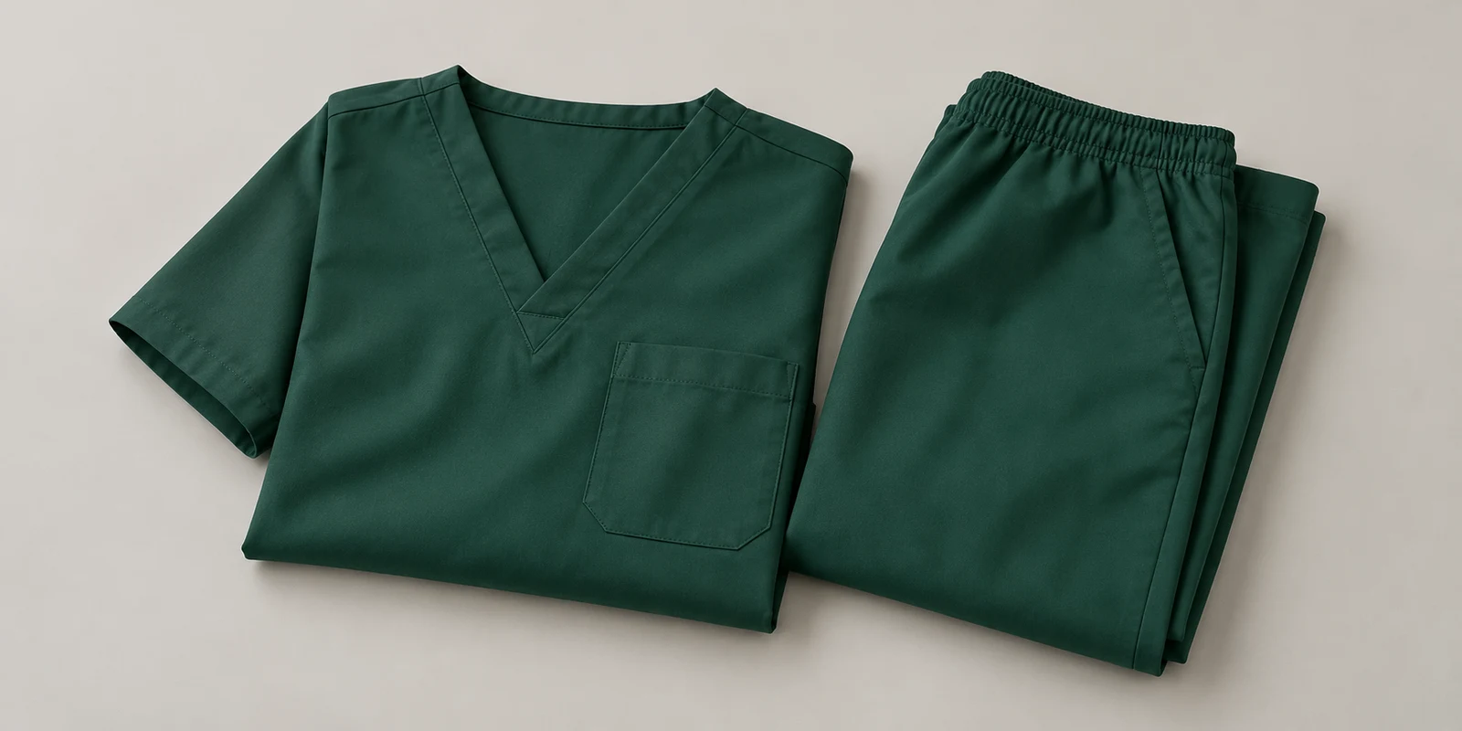 Illustrative dark spruce green folded medical scrub set showing fabric and waistband details on warm-grey background