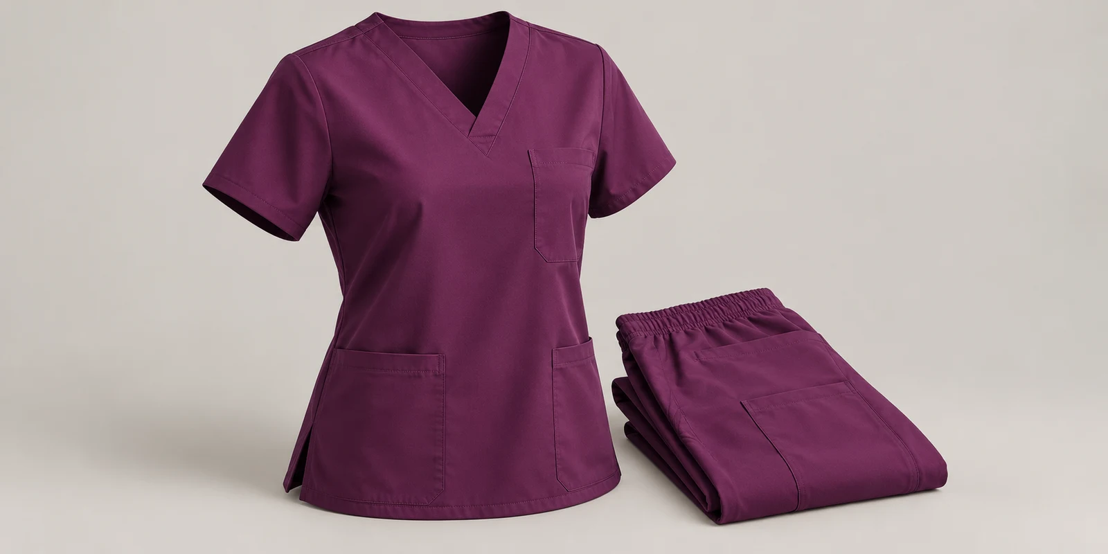 Illustrative plum scrub top neckline and chest pocket with folded matching trousers on warm-grey background