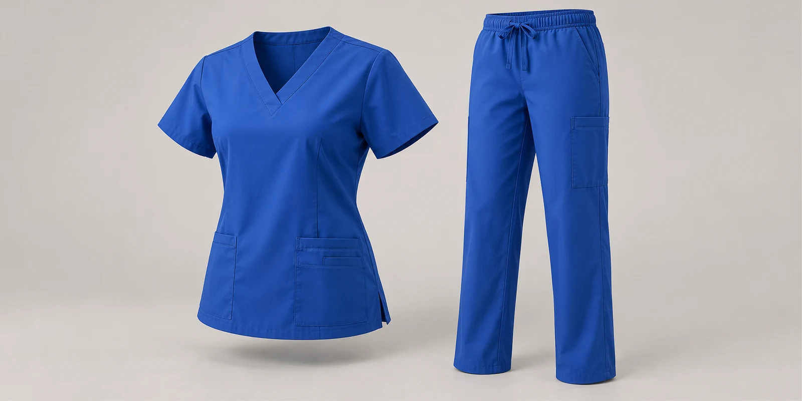 Illustrative cobalt blue medical scrub set showing shoulder shape and trouser proportions on warm-grey background