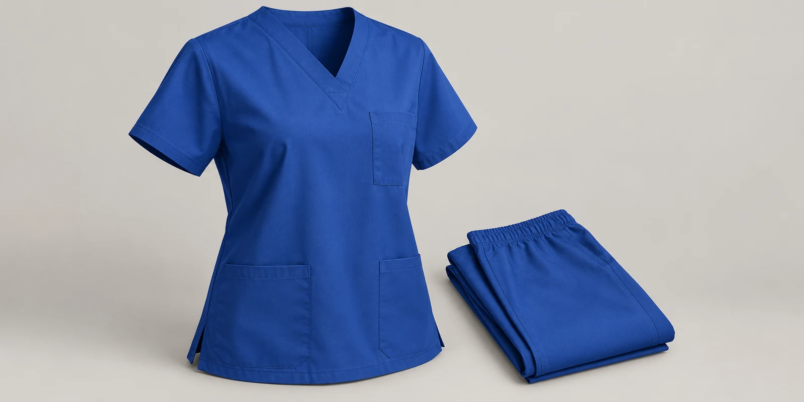 Illustrative cobalt blue scrub top neckline and chest pocket with folded matching trousers on warm-grey background