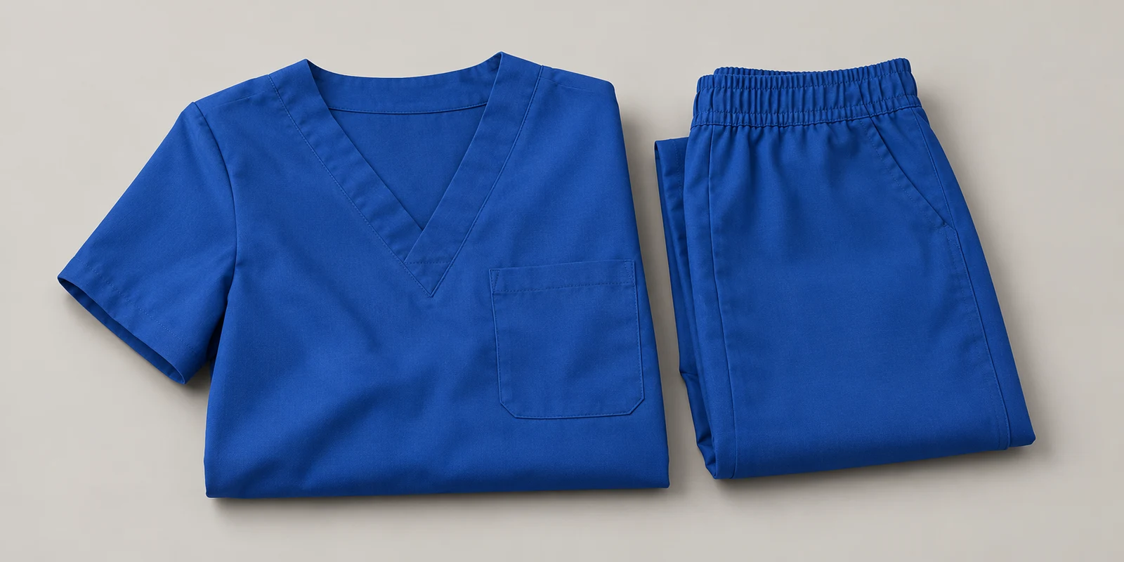 Illustrative cobalt blue folded medical scrub set showing fabric and waistband details on warm-grey background