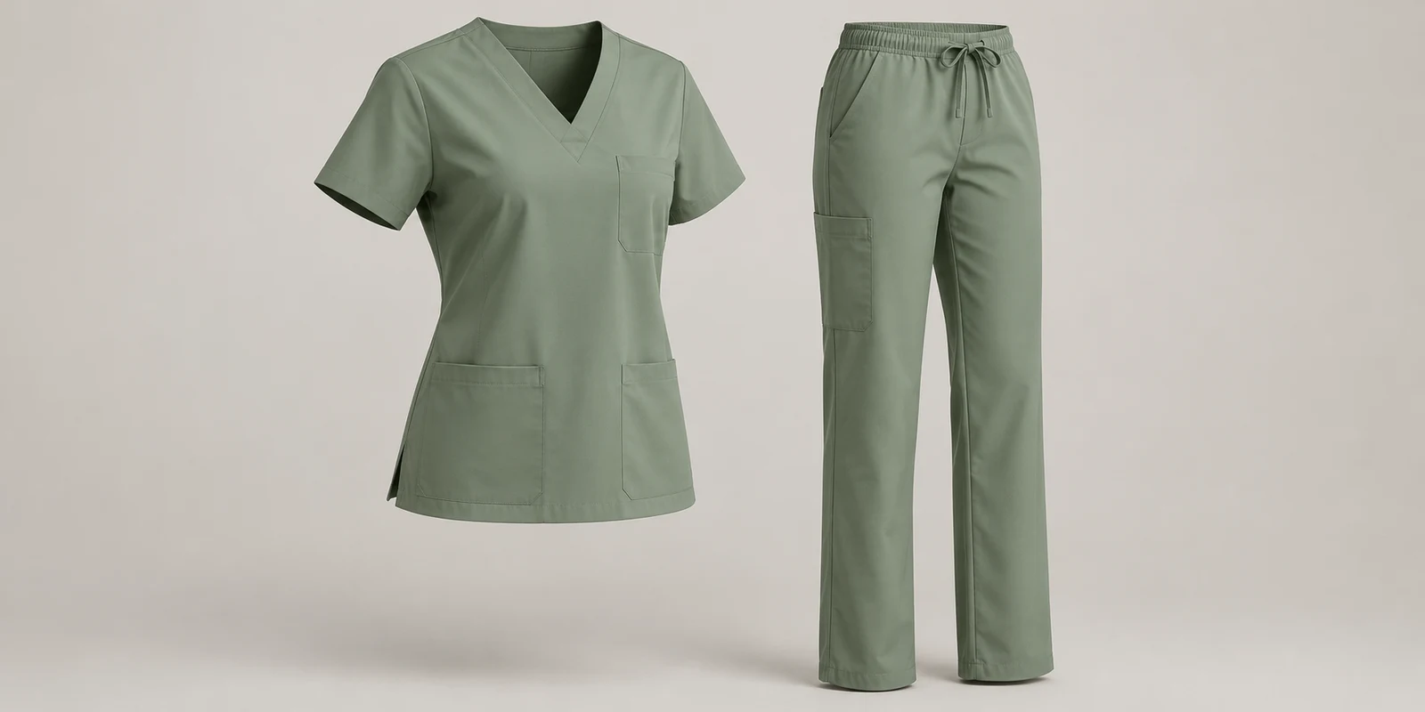 Illustrative sage green medical scrub set showing shoulder shape and trouser proportions on warm-grey background
