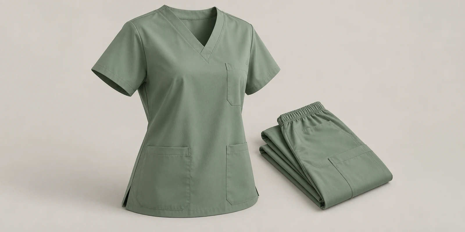 Illustrative sage green scrub top neckline and chest pocket with folded matching trousers on warm-grey background