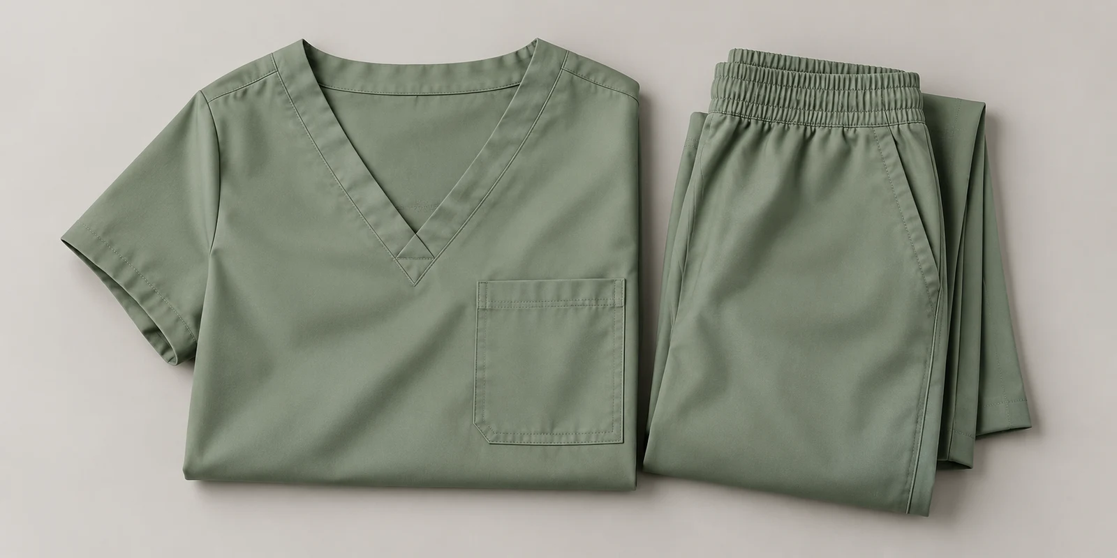 Illustrative sage green folded medical scrub set showing fabric and waistband details on warm-grey background