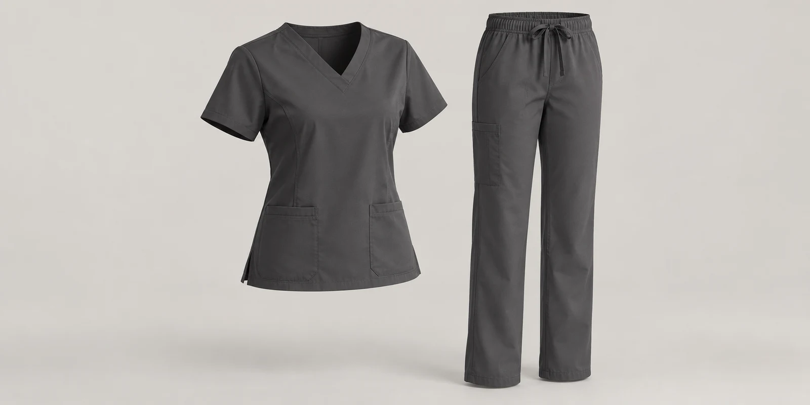 Illustrative warm charcoal medical scrub set showing shoulder shape and trouser proportions on warm-grey background