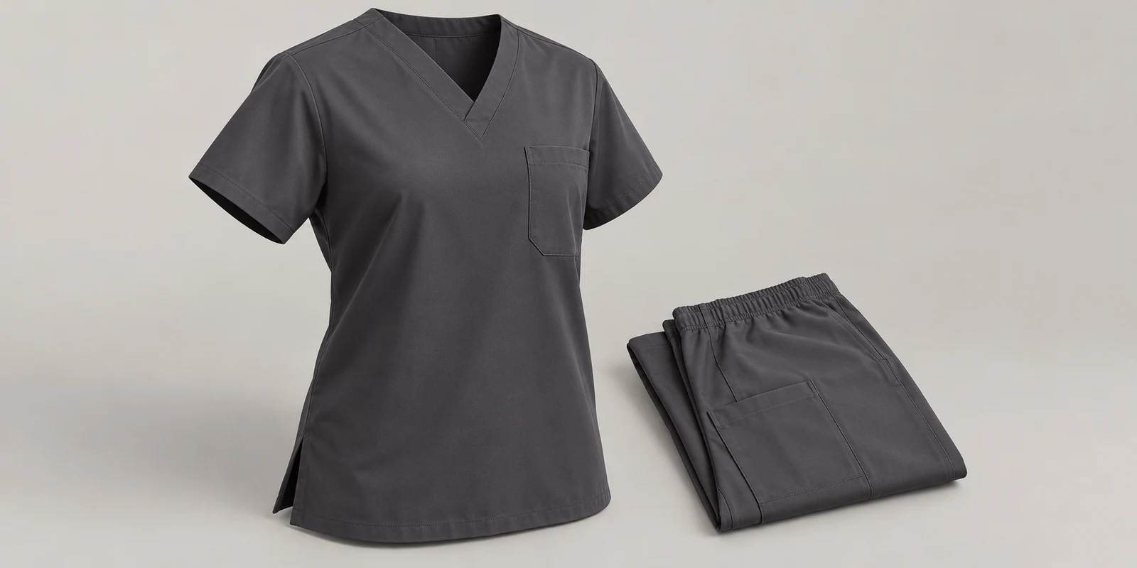 Illustrative warm charcoal scrub top neckline and chest pocket with folded matching trousers on warm-grey background