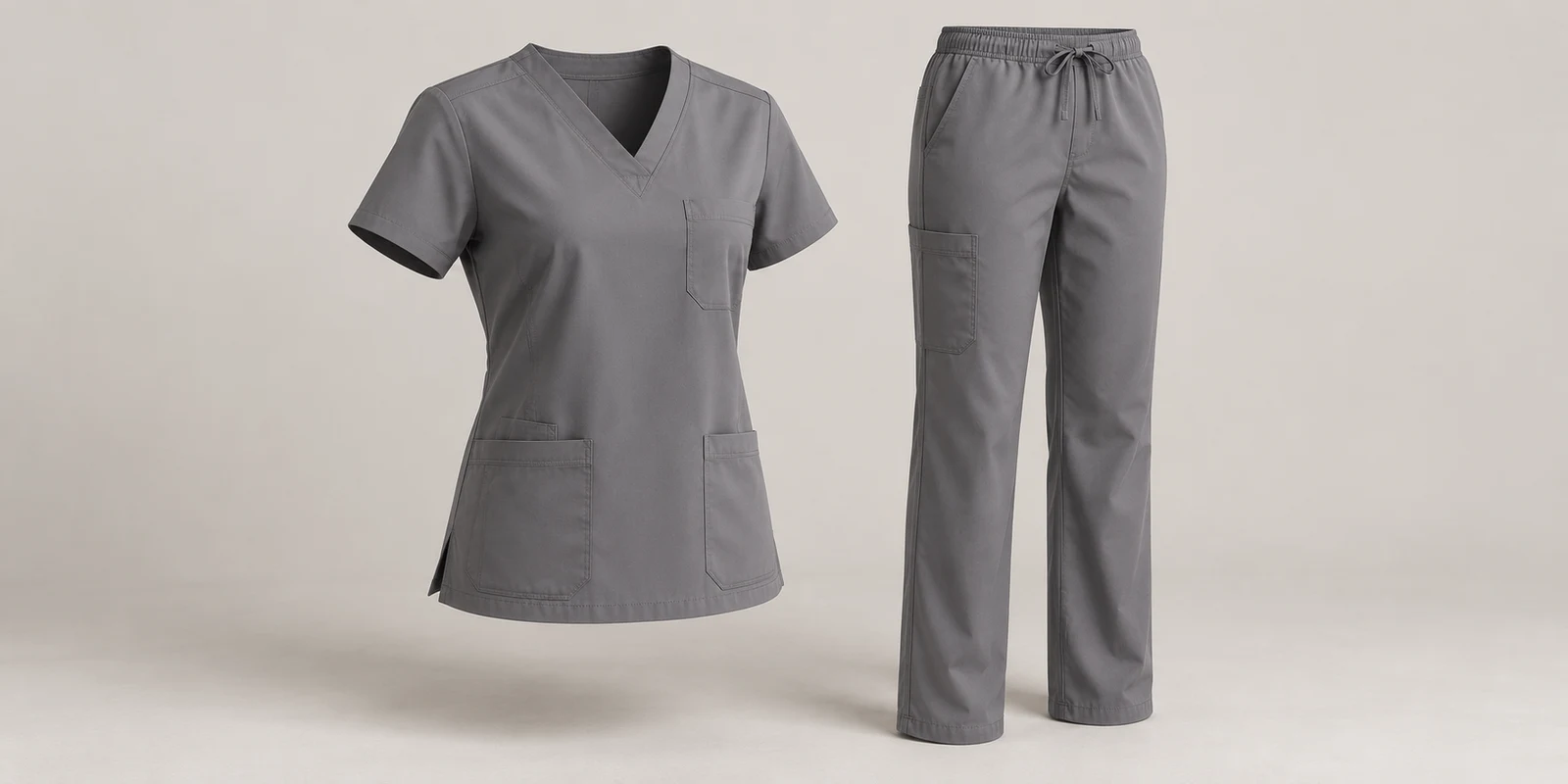 Illustrative steel grey medical scrub set showing shoulder shape and trouser proportions on warm-grey background