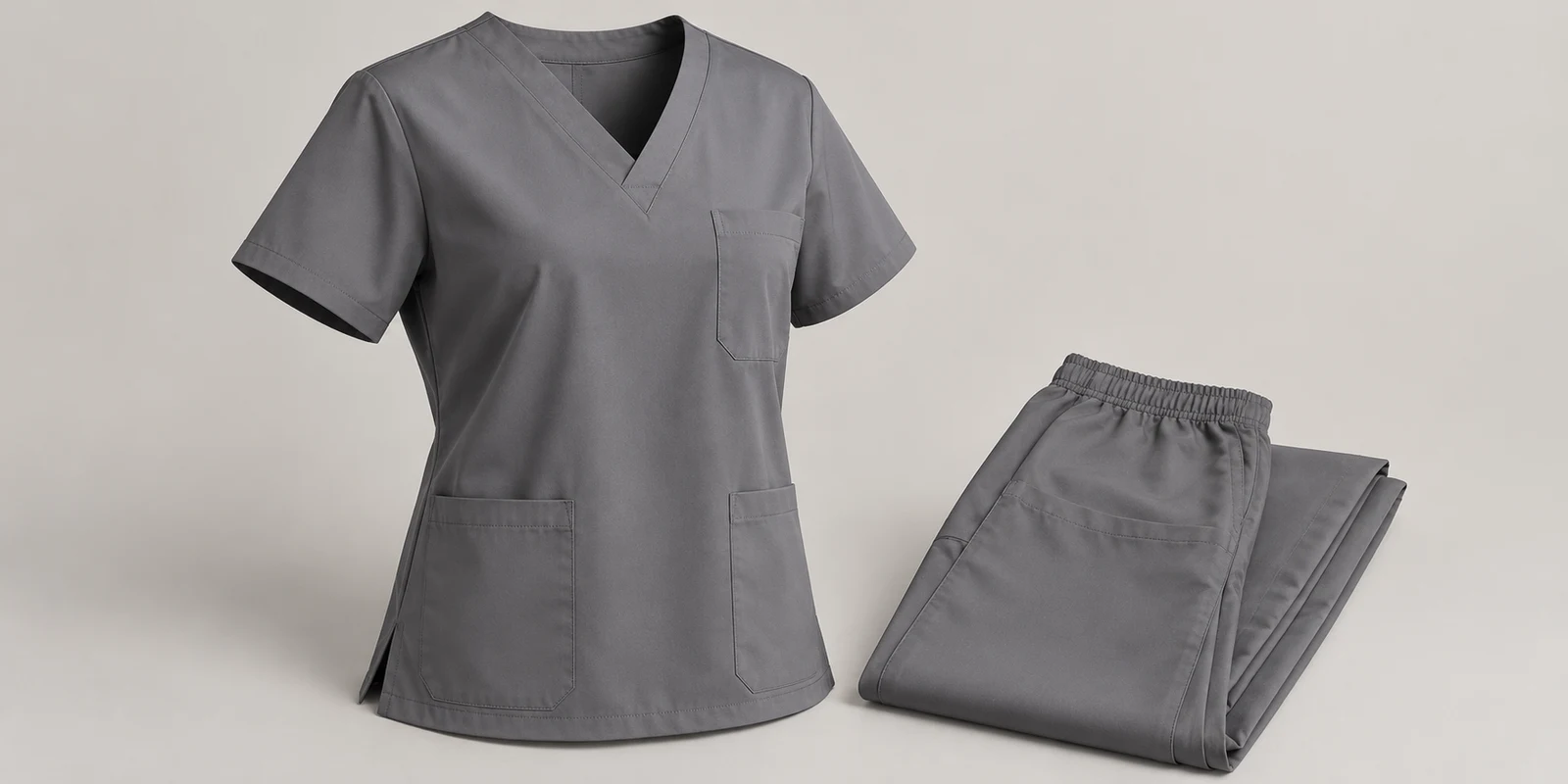 Illustrative steel grey scrub top neckline and chest pocket with folded matching trousers on warm-grey background
