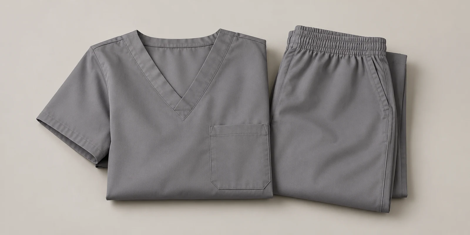 Illustrative steel grey folded medical scrub set showing fabric and waistband details on warm-grey background