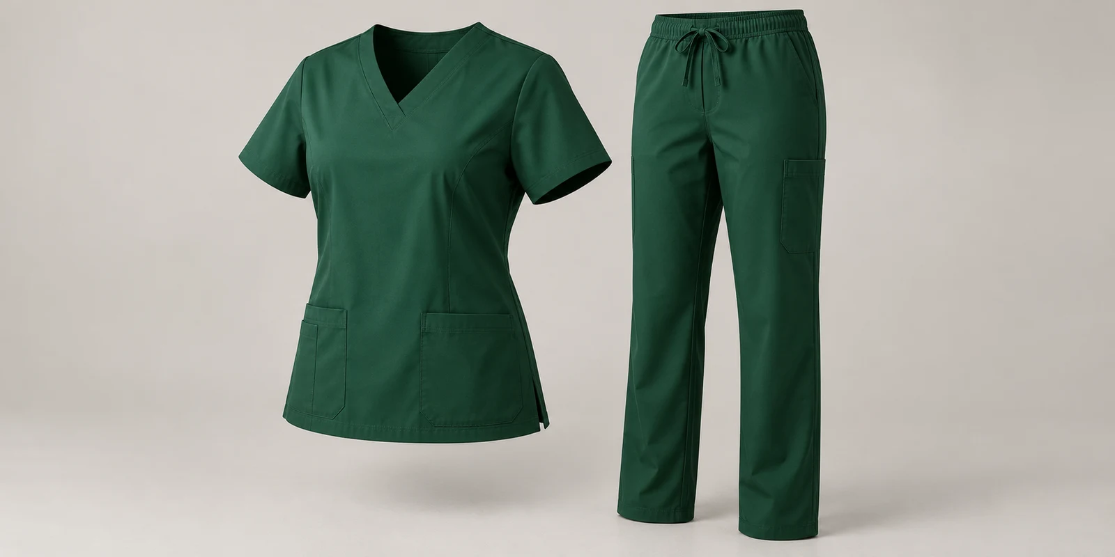 Illustrative forest green medical scrub set showing shoulder shape and trouser proportions on warm-grey background