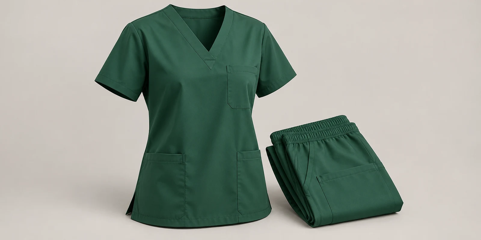Illustrative forest green scrub top neckline and chest pocket with folded matching trousers on warm-grey background