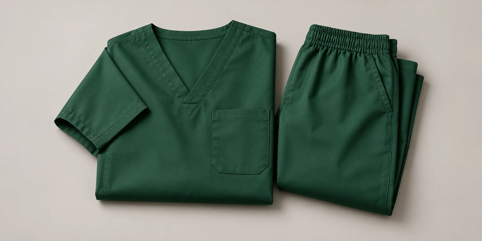Illustrative forest green folded medical scrub set showing fabric and waistband details on warm-grey background