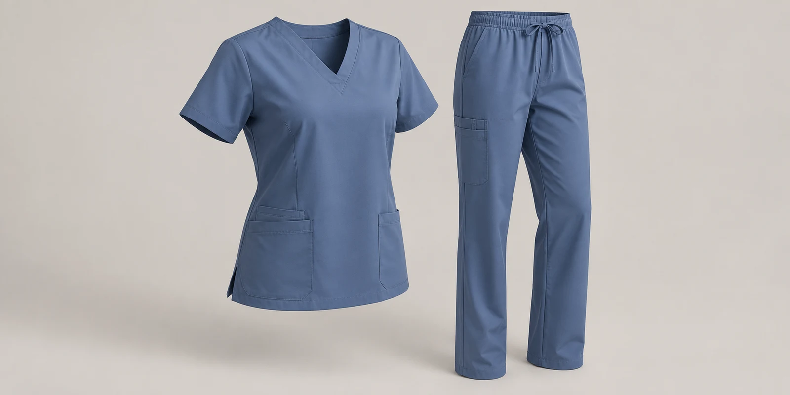 Illustrative slate blue medical scrub set showing shoulder shape and trouser proportions on warm-grey background