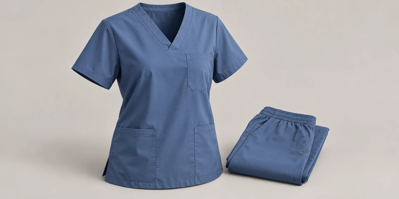 Illustrative slate blue scrub top neckline and chest pocket with folded matching trousers on warm-grey background
