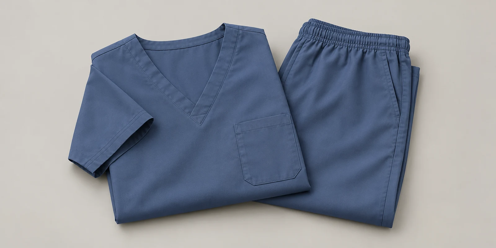 Illustrative slate blue folded medical scrub set showing fabric and waistband details on warm-grey background