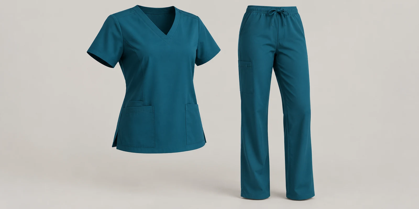 Illustrative deep teal medical scrub set showing shoulder shape and trouser proportions on warm-grey background