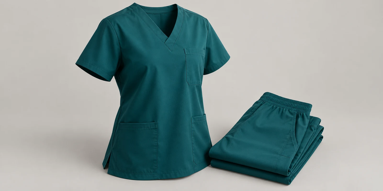 Illustrative deep teal scrub top neckline and chest pocket with folded matching trousers on warm-grey background