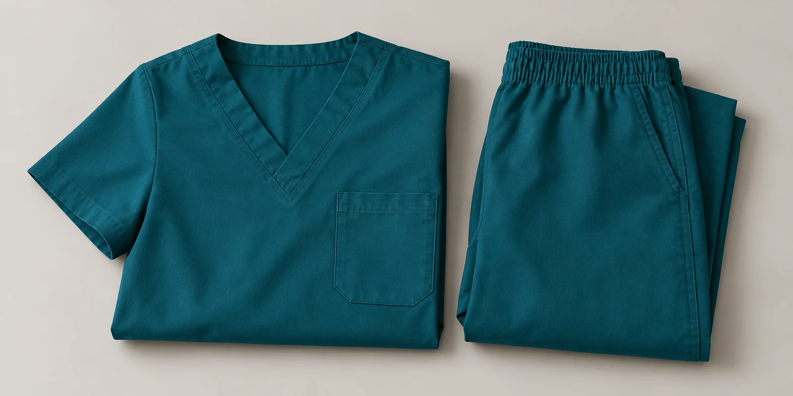 Illustrative deep teal folded medical scrub set showing fabric and waistband details on warm-grey background