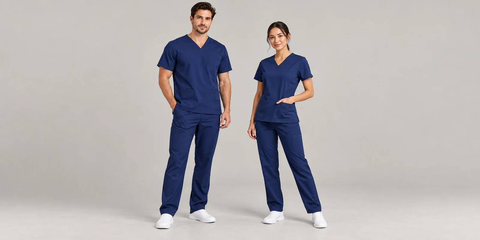 Two models wearing navy blue scrub sets in front and three-quarter standing poses