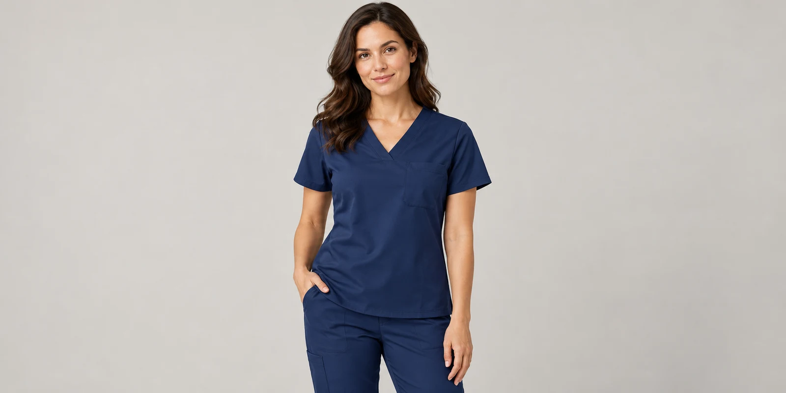 Woman wearing a navy blue medical scrub top with visible neckline and chest pocket
