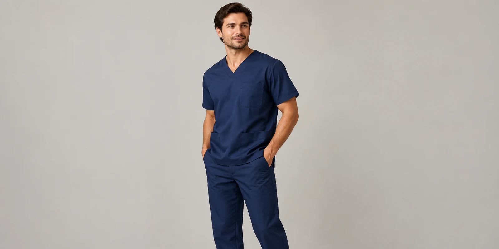 Man wearing navy blue medical scrubs in a standing three-quarter studio pose