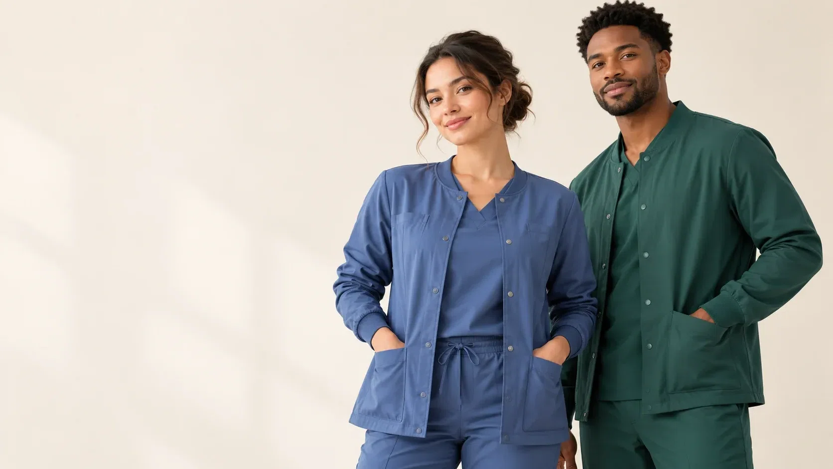 illustrative studio image of healthcare professionals comparing plain medical jackets