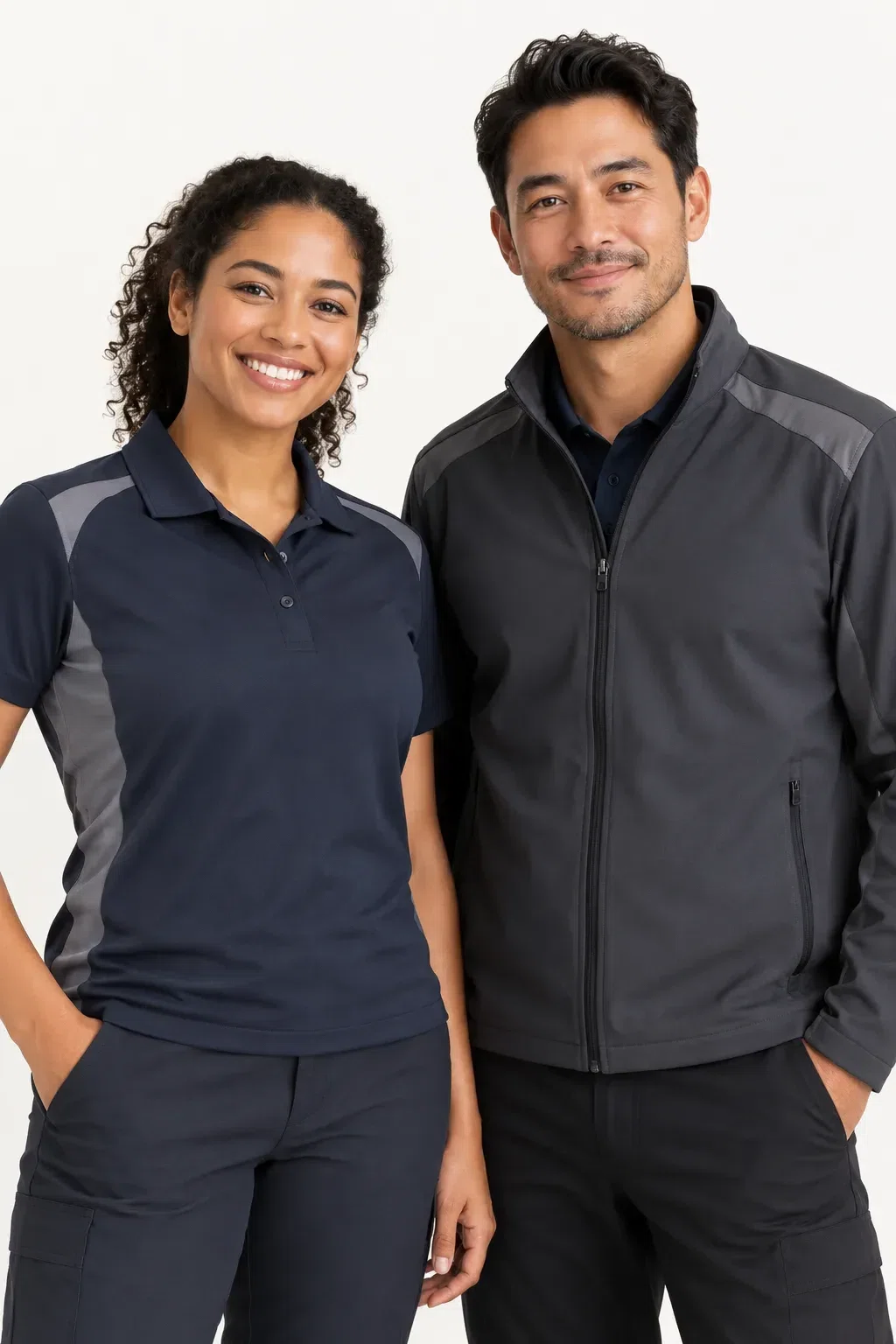 Two workers wearing coordinated custom business uniforms