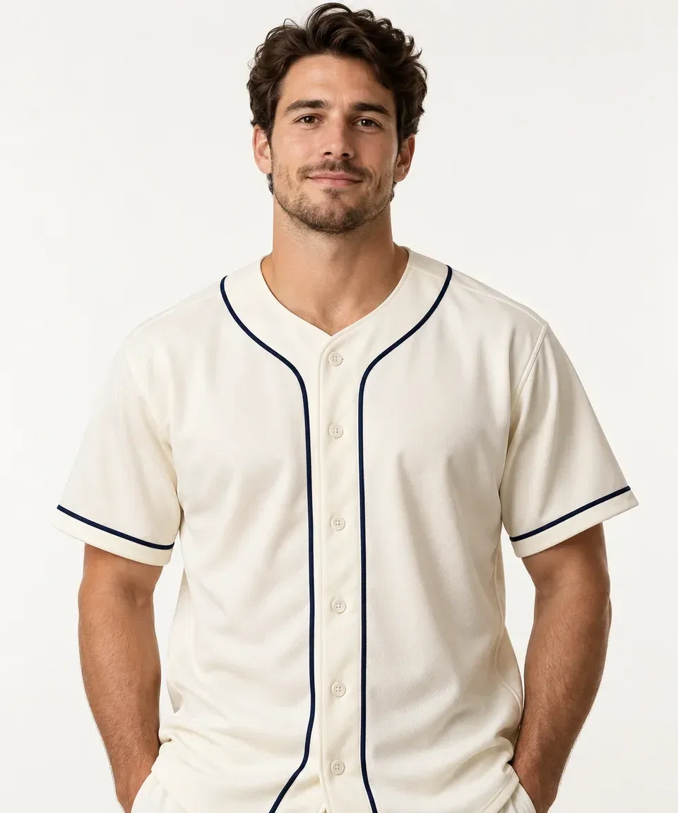 illustrative studio image of a model wearing a plain cream baseball jersey with navy piping