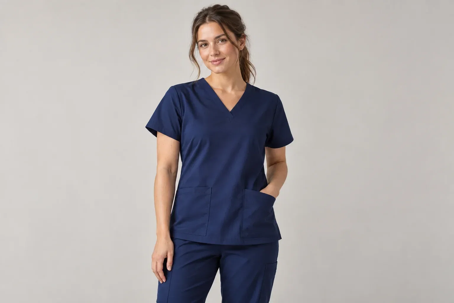 illustrative studio image of a model wearing a plain navy scrub set
