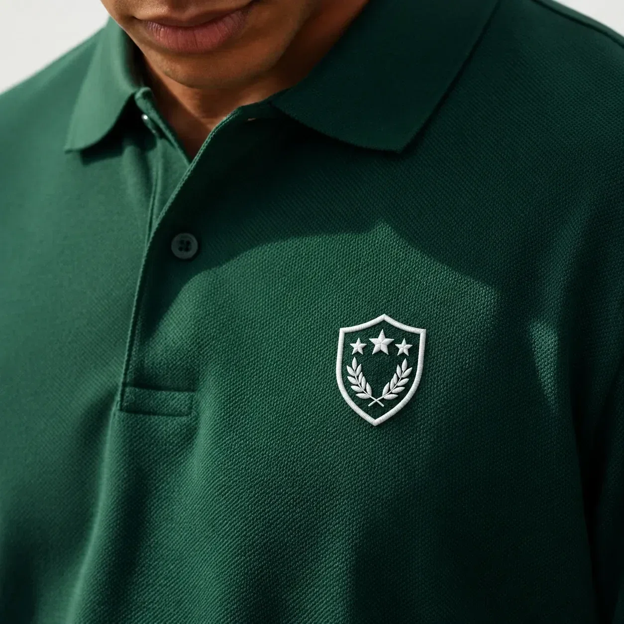 illustrative studio image of a model wearing a blank navy polo shirt