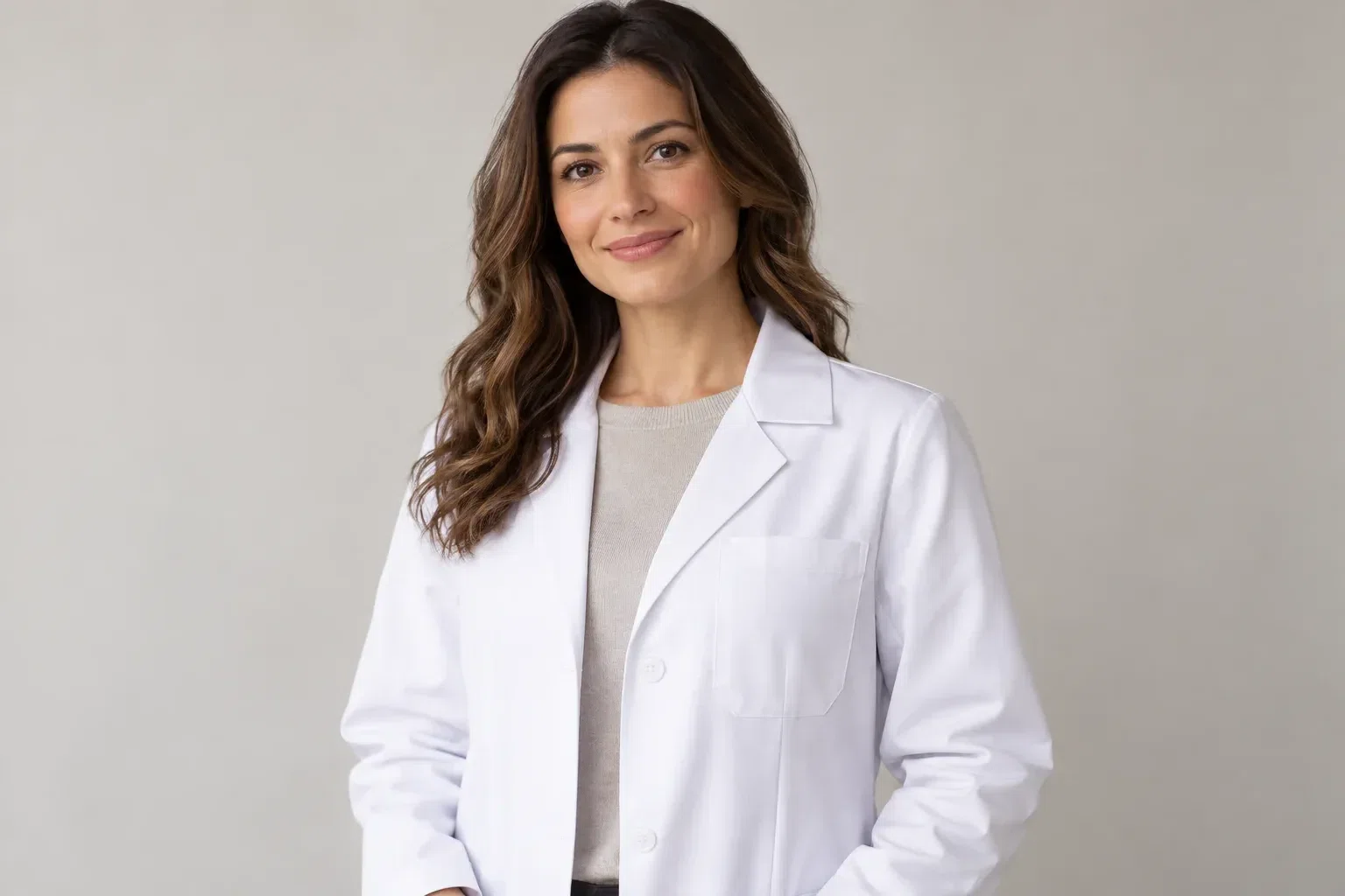 illustrative studio image of a model wearing a plain white lab coat