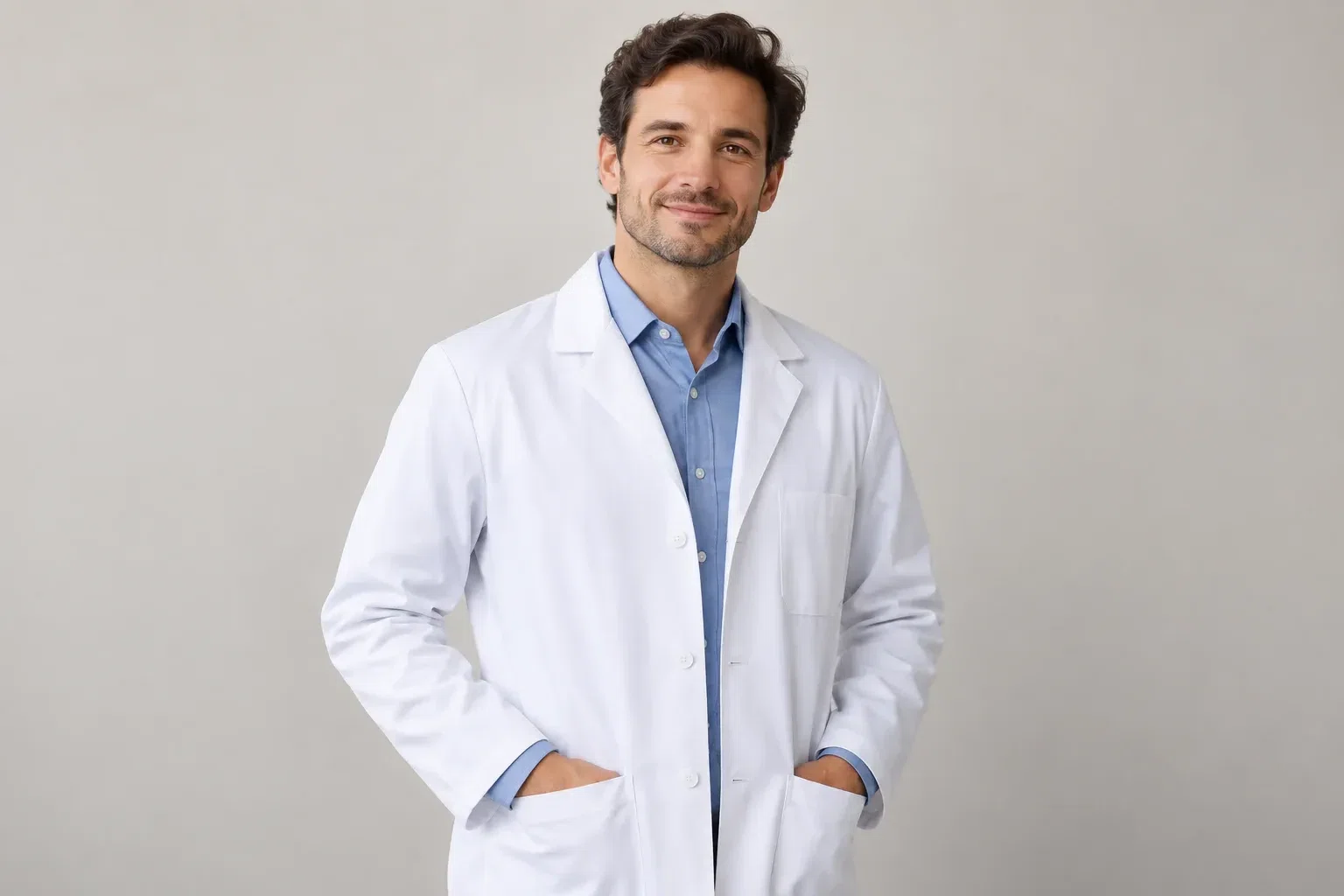 illustrative studio image of a model wearing a plain white lab coat over a blue shirt