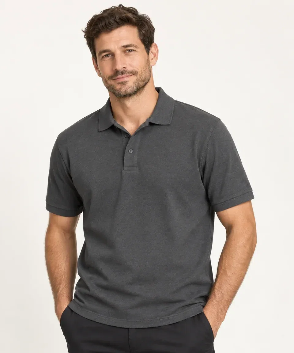 illustrative studio image of a model wearing a plain charcoal polo shirt
