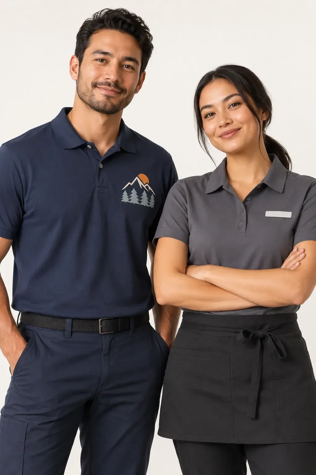 Workers wearing coordinated uniforms with printed decoration