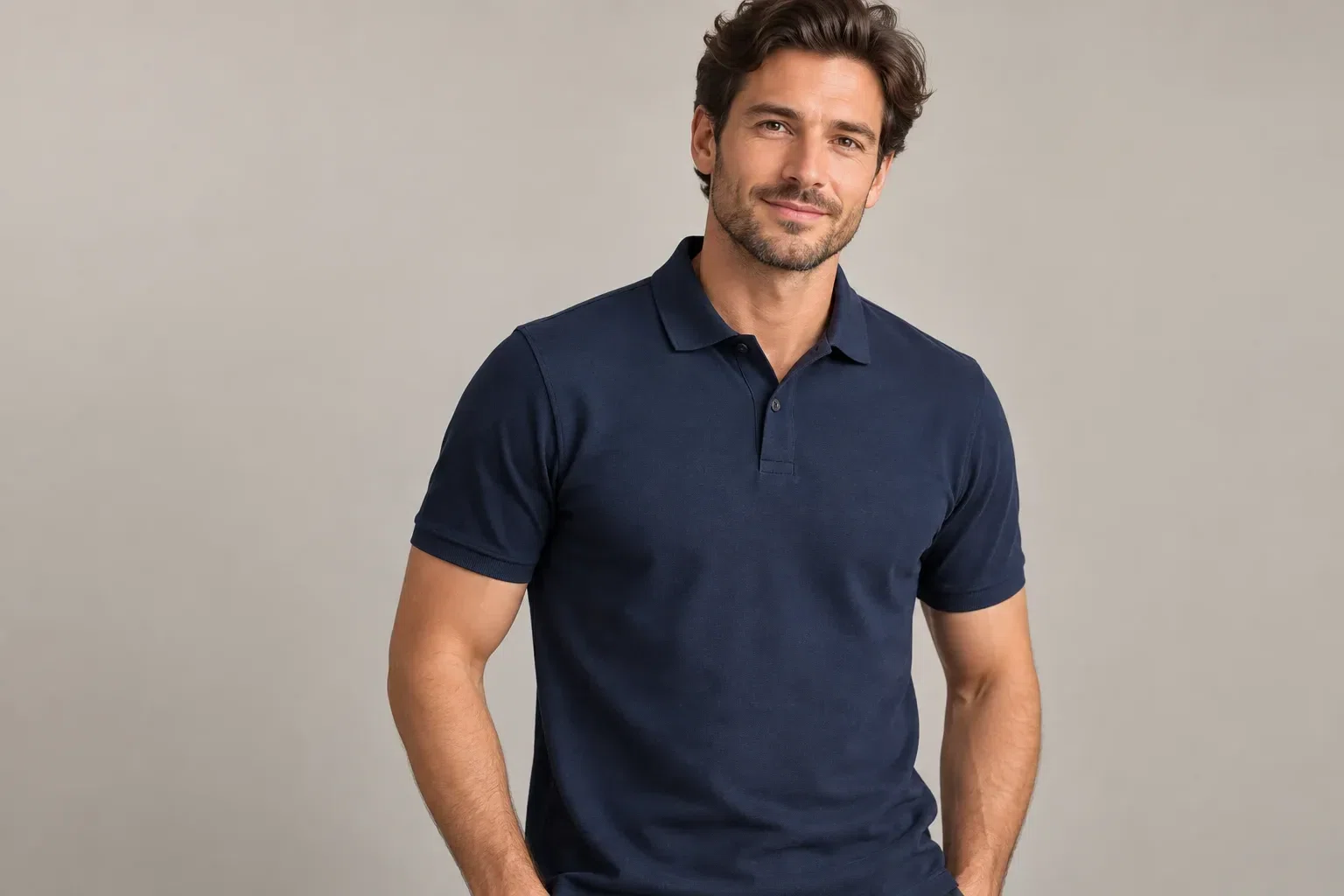 illustrative studio image of a model wearing a plain navy polo shirt