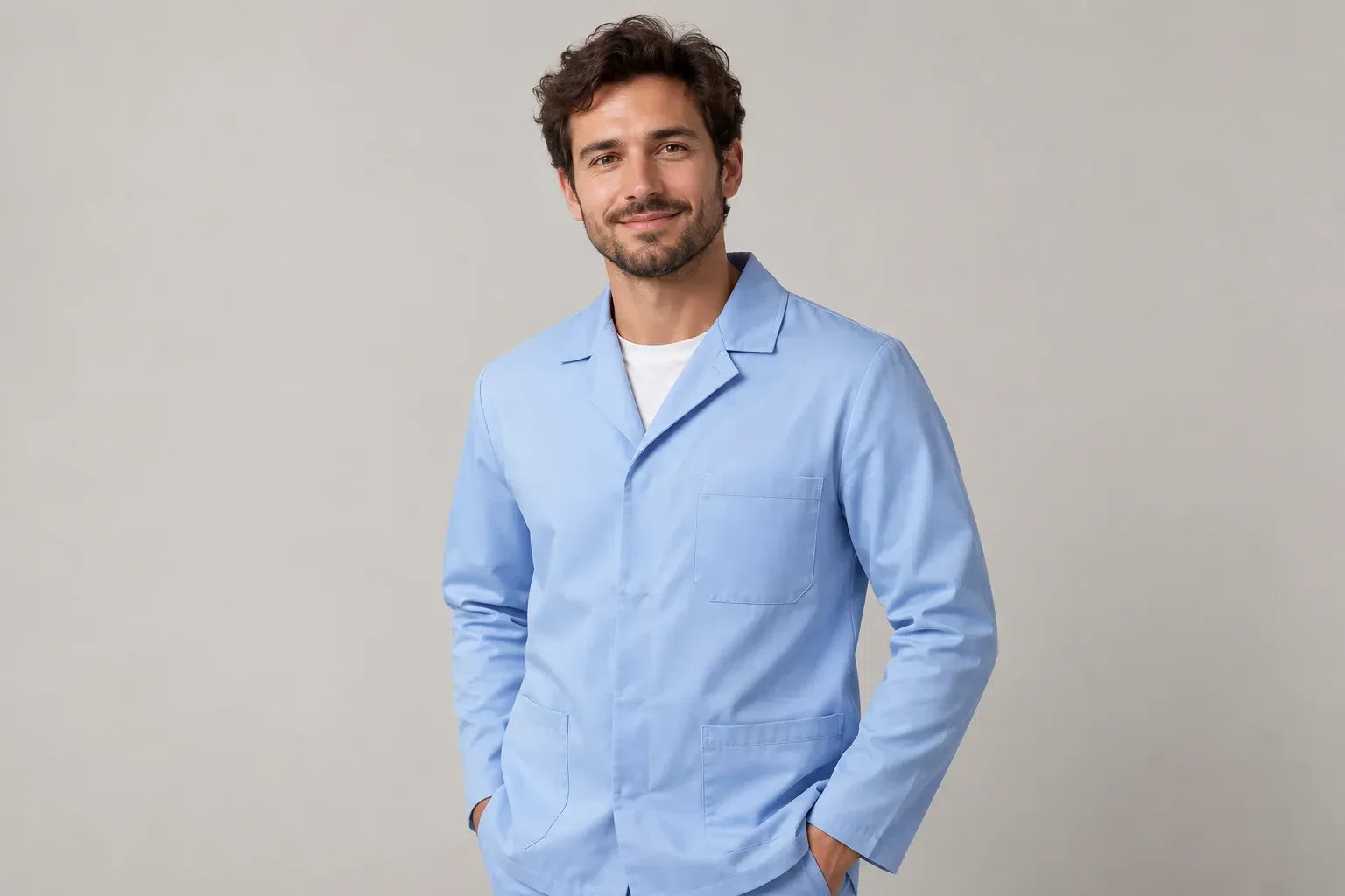illustrative studio image of a model wearing a plain pale blue medical jacket