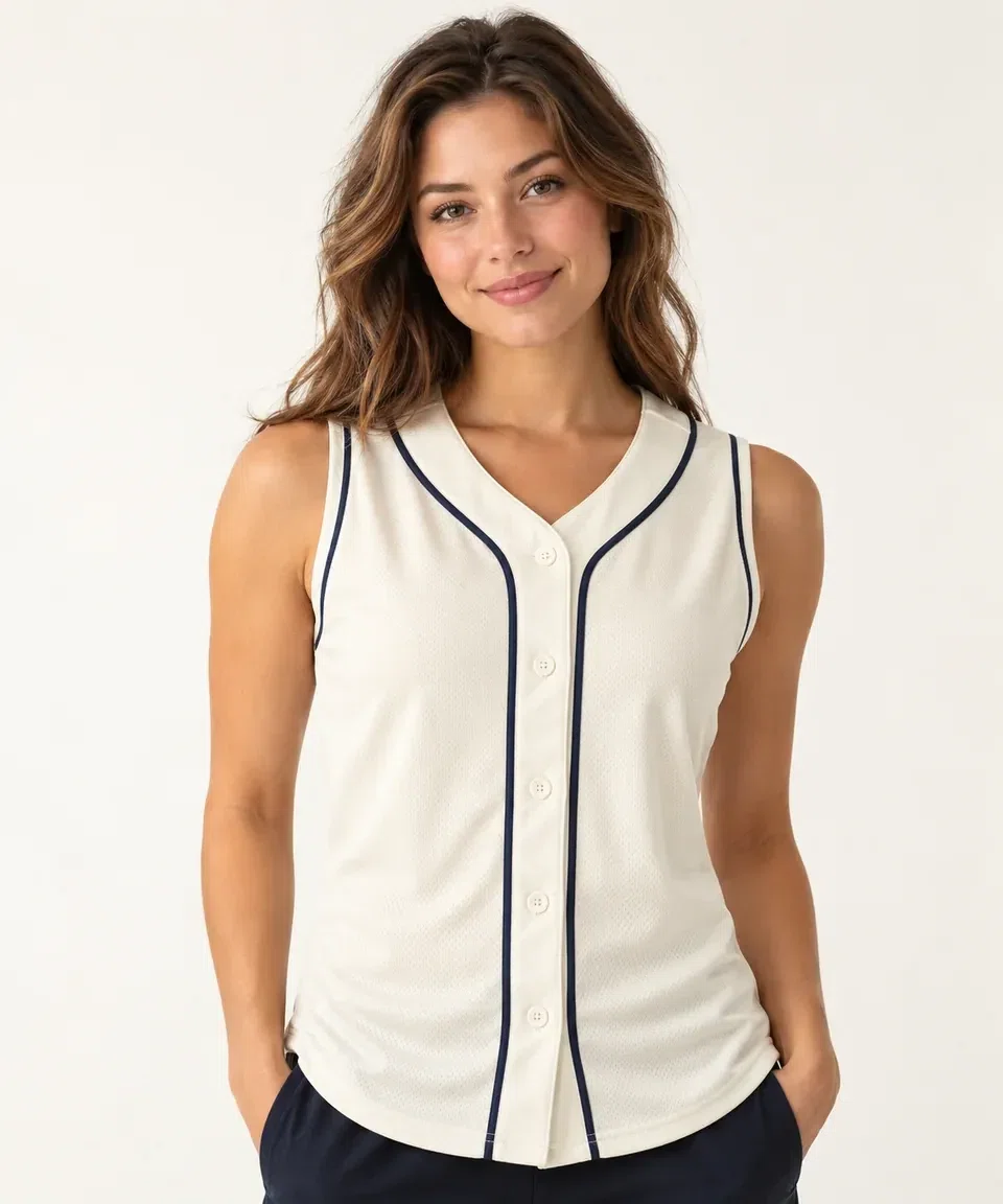 illustrative studio image of a model wearing a plain cream sleeveless baseball jersey with navy piping