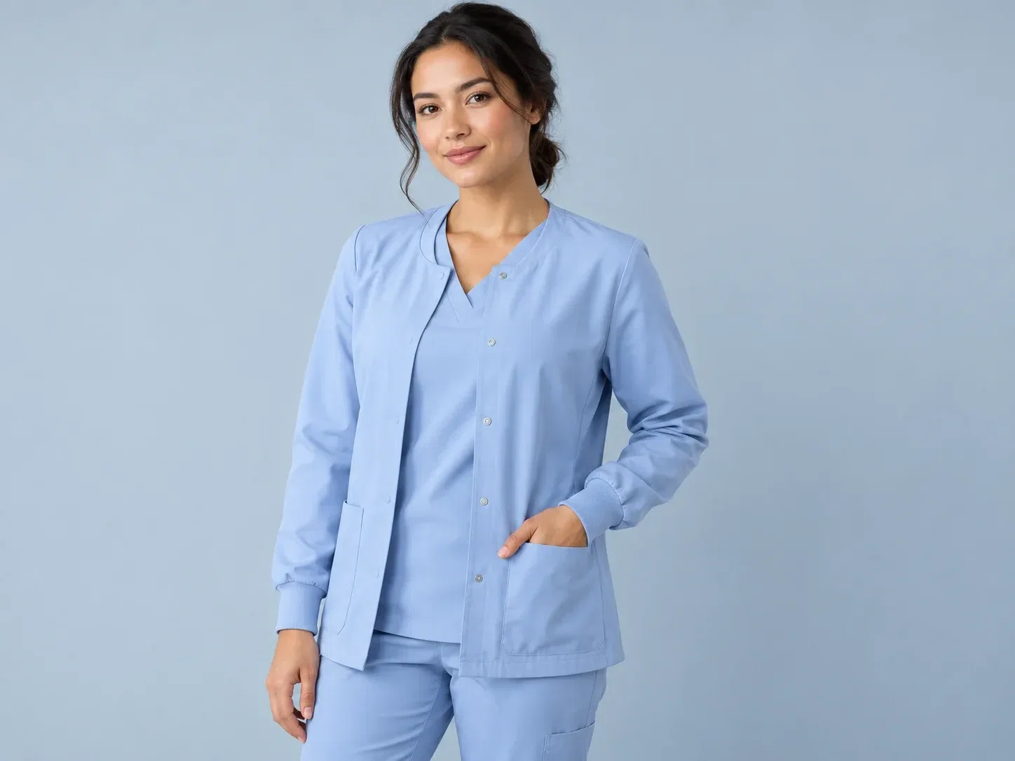 illustrative studio image of a healthcare professional wearing a plain pale blue medical jacket