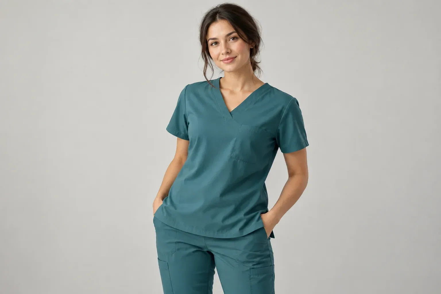 illustrative studio image of a model wearing a plain teal scrub set